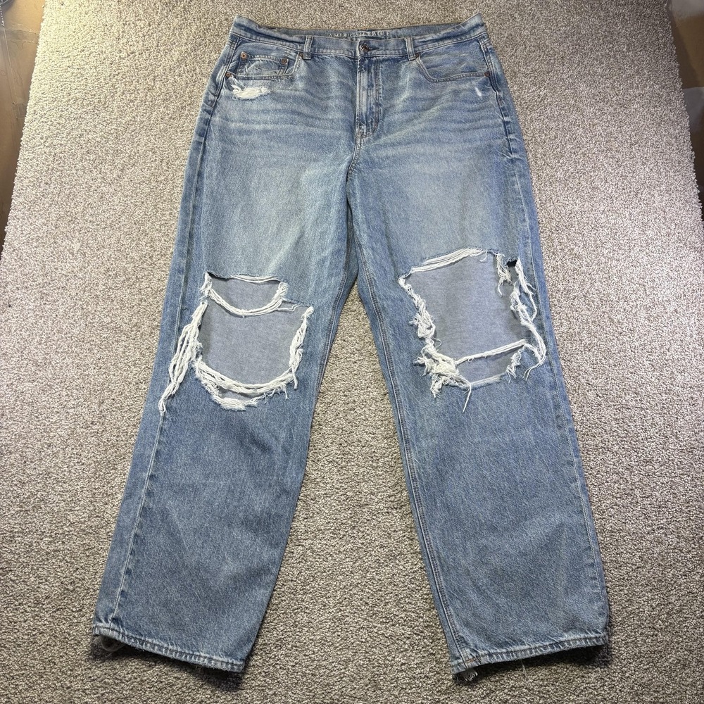 American Eagle Strigid Distressed Wide Leg Jeans Light Wash Blue Womens 18 Reg